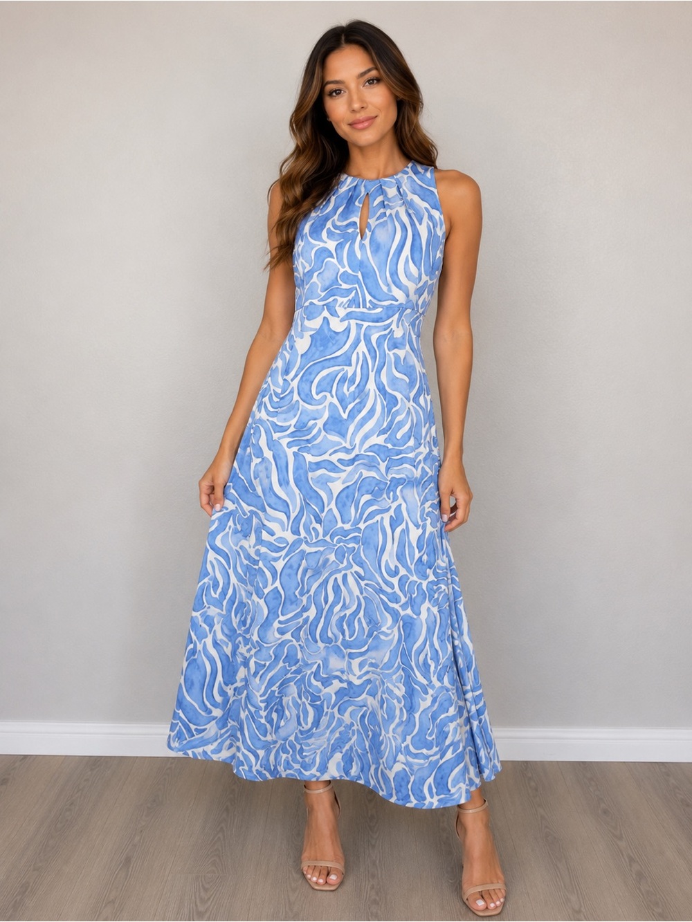 NWT London Times Light Blue, White & tan Keyhole Maxi Dress, Size 4